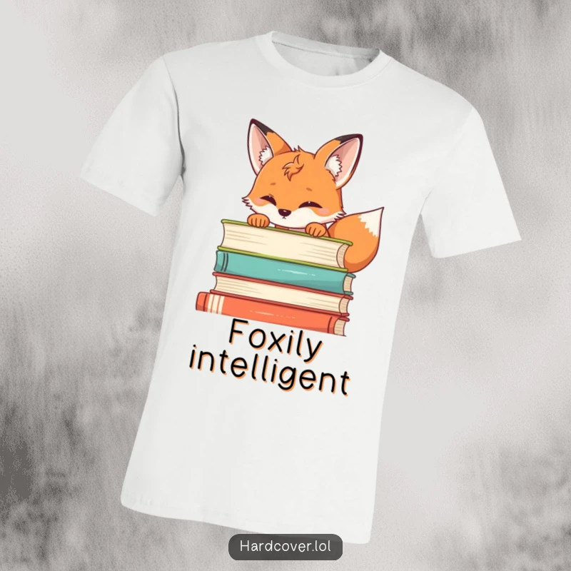 Funny fox t-shirt depicting a curious fox peeking over a stack of books, celebrating intelligence and the joy of discovery.