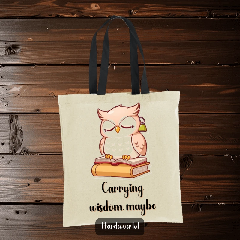 Funny sleepy owl character perched on a book, wearing a small reading lamp, on a durable tote bag.