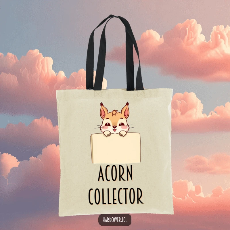 Funny tote bag showing a giggling squirrel peeking over a large book, ideal for carrying books and other essentials.