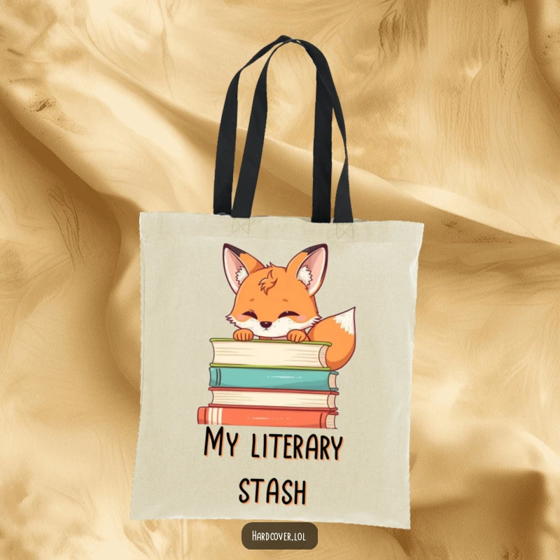 Funny fox tote bag showing a curious fox peeking over a stack of books, ideal for carrying literary treasures with charm.
