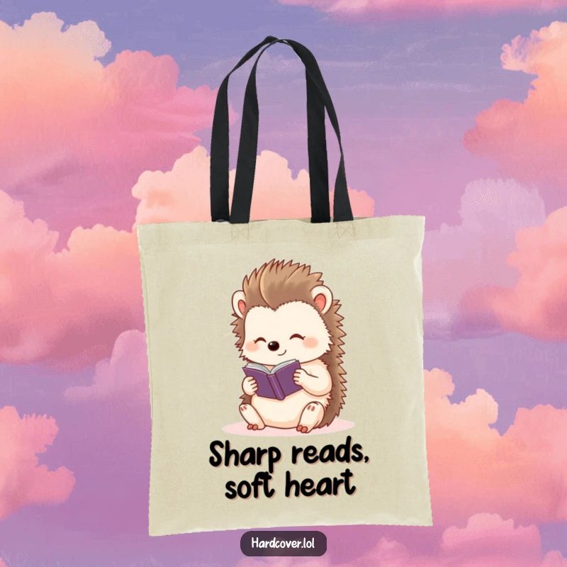 Funny content hedgehog character basking in light, reading a tiny storybook, on a durable tote bag.